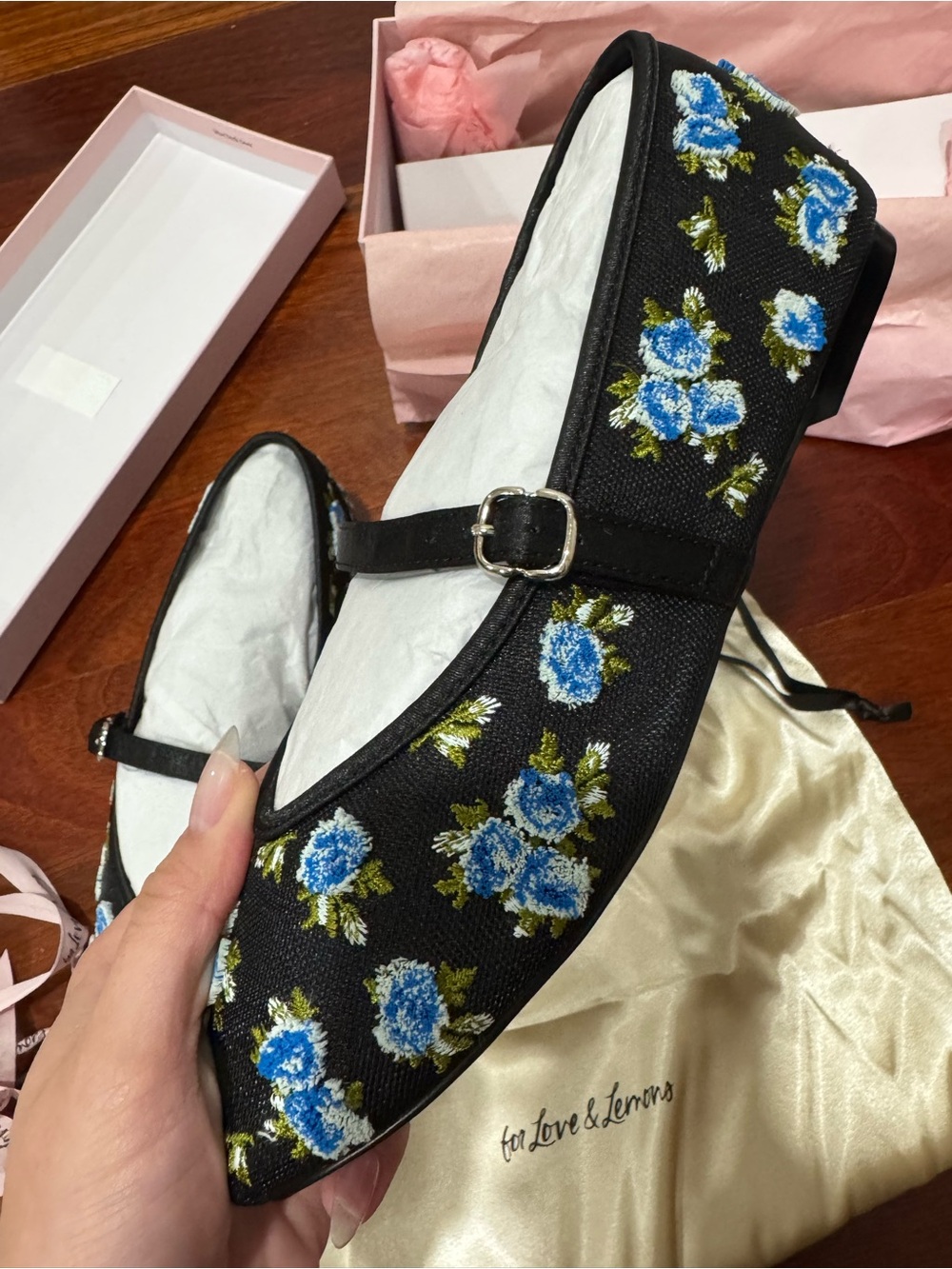 For Love And Lemons Evelyne Embroidered Mary Jane Flats with Blue Roses - Picture 5 of 11